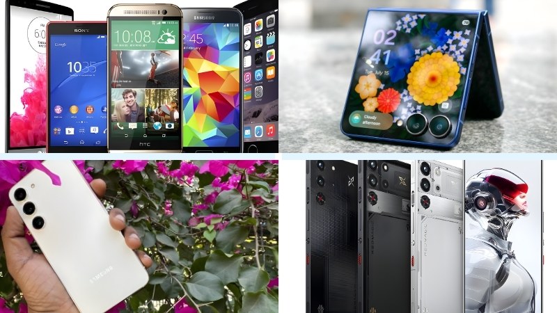 বিভিন্ন ব্র্যান্ডের স্মার্টফোনের কোলাজ ছবি, যেখানে ফোল্ডেবল ফোন, Premium ডিজাইন ও Advanced ক্যামেরা সেটআপ দেখানো আছে।