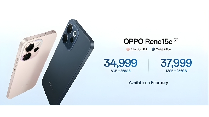 Oppo Reno 15c 5G স্মার্টফোনের Afterglow Pink ও Twilight Blue রঙ, ভারতে দাম 34,999 টাকা থেকে শুরু, ফেব্রুয়ারিতে বিক্রি শুরু