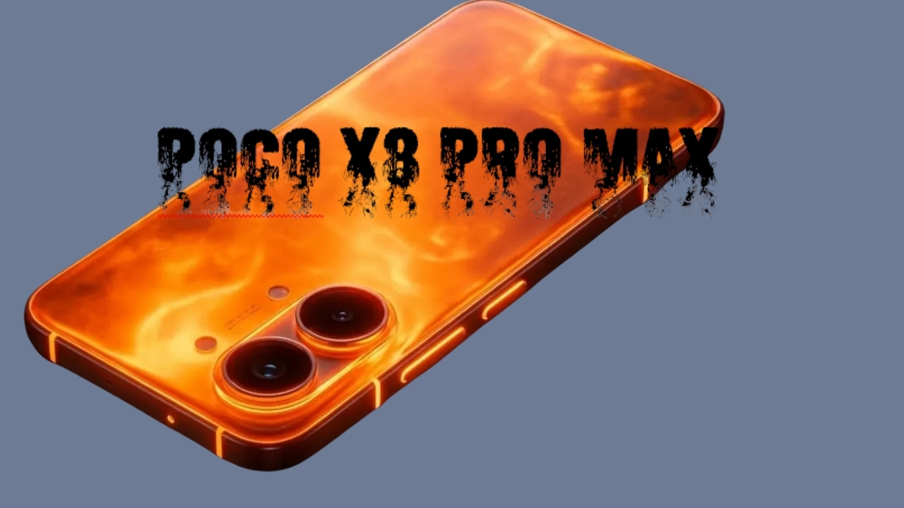 Poco X8 Pro Max concept image showing glowing orange back panel and dual rear camera design