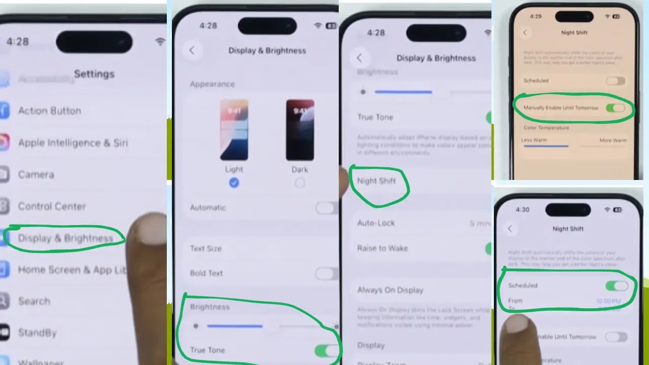 Expected blue light filter ON vs OFF display comparison on iPhone 18 Pro Max
