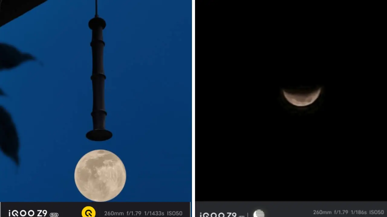 iQOO Z9 high zoom moon official photo showing improved clarity with super moon mode