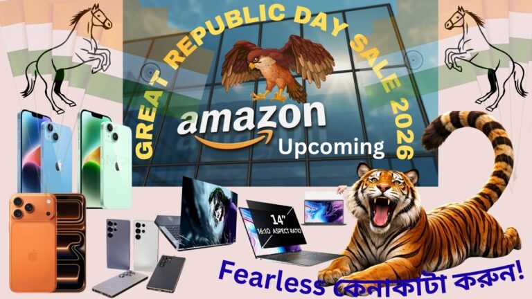 Amazon Great Republic Day Sale 2026 ভিজুয়াল ব্যানার, যেখানে স্মার্টফোন, ল্যাপটপ, বাঘ ও পাখির প্রতীকসহ আসন্ন সেলের ইঙ্গিত দেখানো হয়েছে