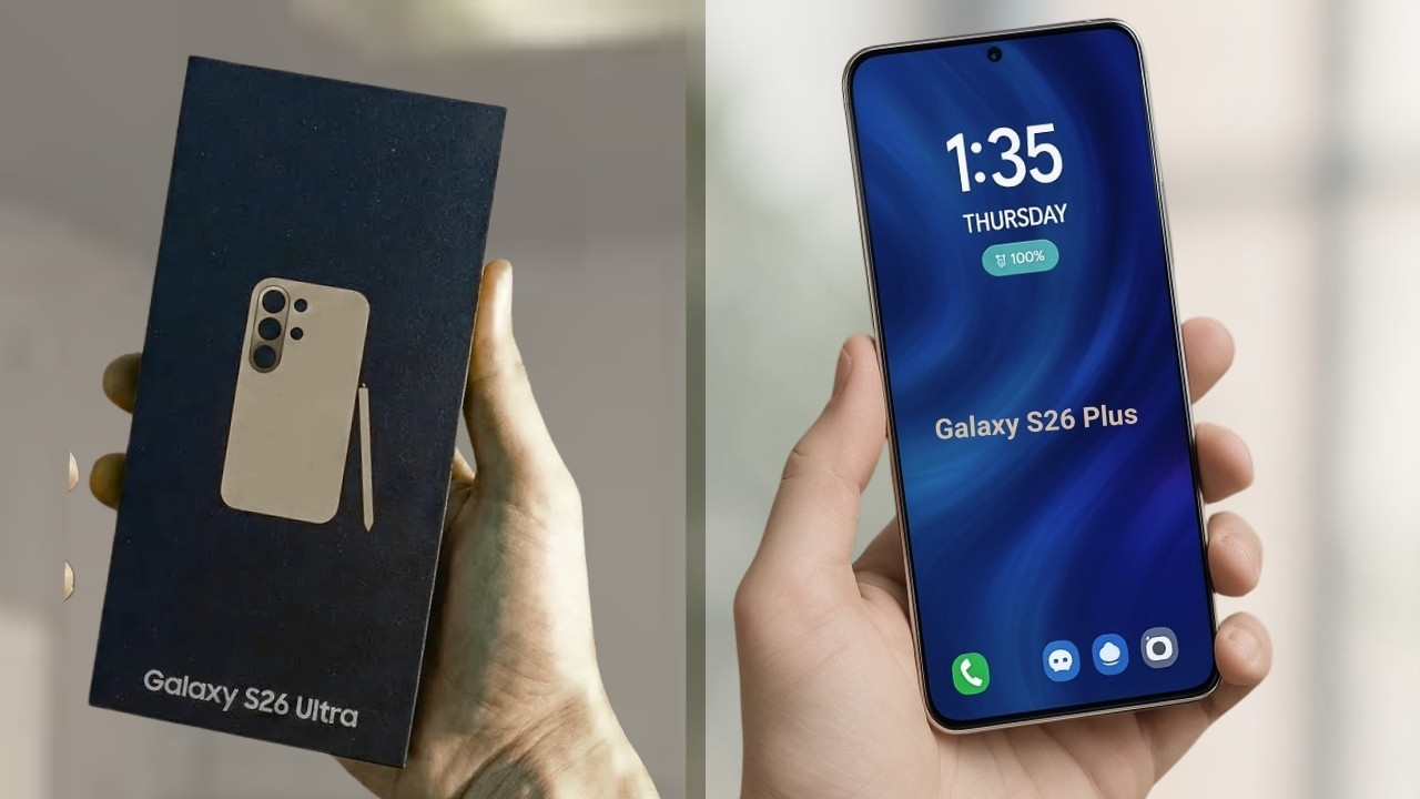 Samsung Galaxy S26 Ultra and Plus front display showing punch-hole screen and One UI interface